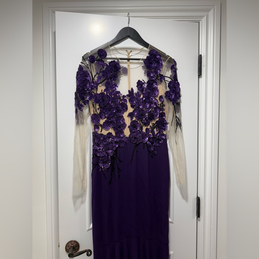 Pamella Roland Purple and Cream Long Sleeve Dress